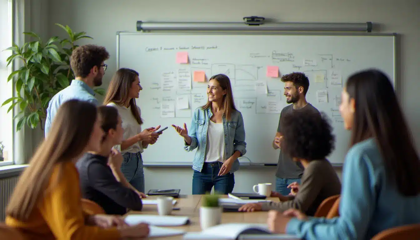 Groupe d'apprenants en atelier pratique lors d'une session de formation tech à Paris, travaillant sur des prototypes produit