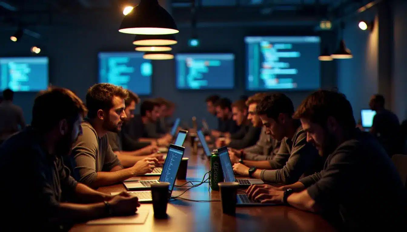 Équipes de participants concentrées lors d'un hackathon nocturne parisien, illustrant l'énergie des événements tech auxquels mène la formation