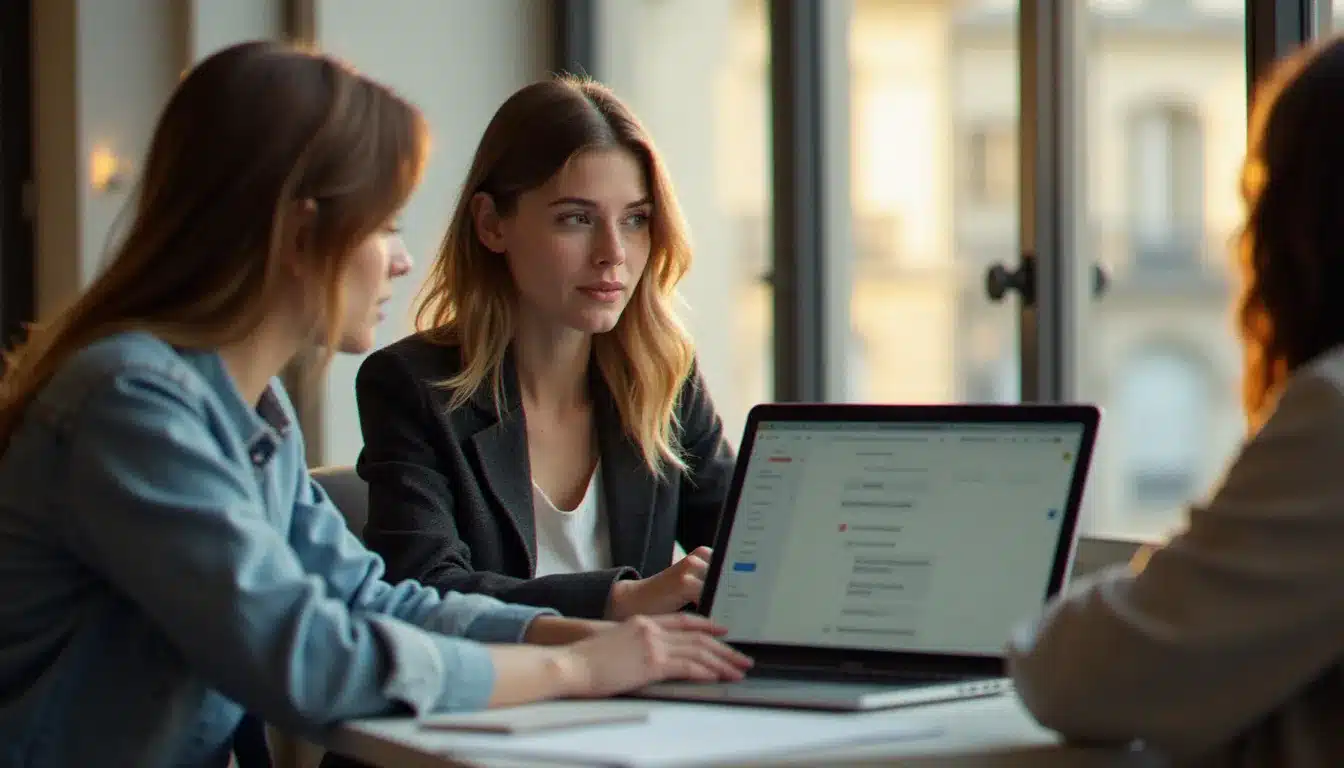 Une product manager et son équipe analysant les avis tech global university dans un espace de coworking parisien lumineux