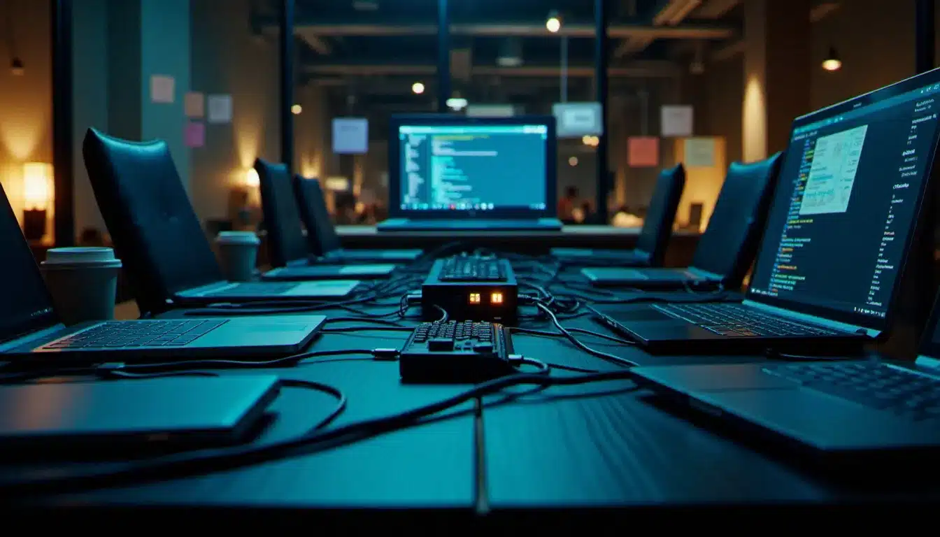 Vue aérienne d'un espace de travail hackathon en pleine nuit avec switch réseau, hub USB-C et plusieurs ordinateurs portables connectés, illustrant l'importance de l'équipement tech shop