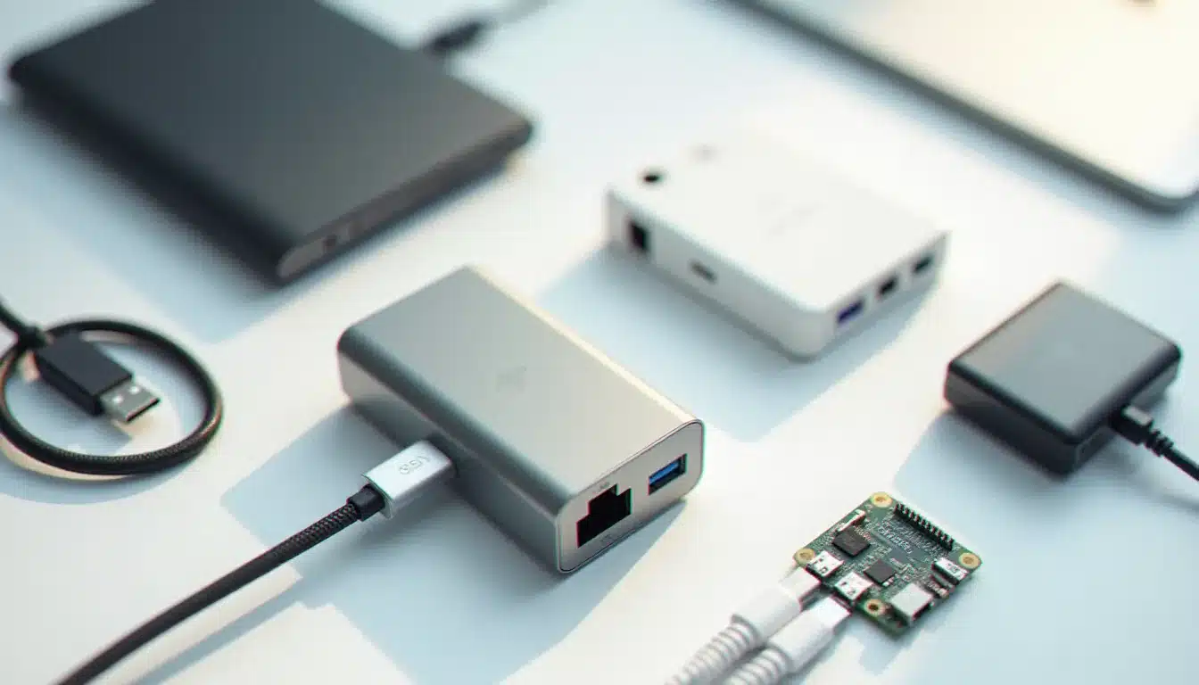 Disposition à plat des accessoires tech essentiels pour hackathon — chargeur GaN, adaptateur Ethernet, SSD portable et Raspberry Pi — représentant une sélection avis tech shop optimisée