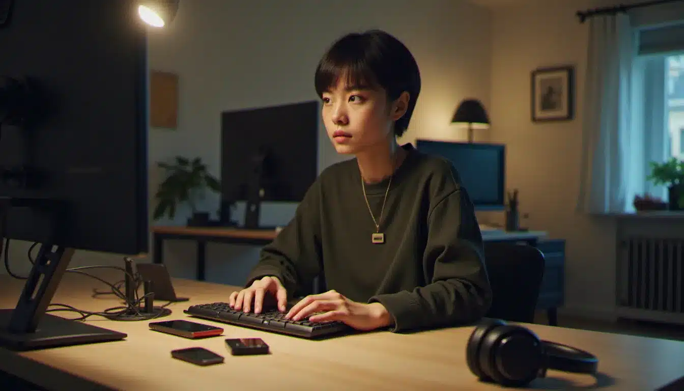 Professionnelle tech parisienne préparant son équipement avis tech shop avant un hackathon, avec hub USB-C, câbles réseau et accessoires disposés sur un bureau moderne