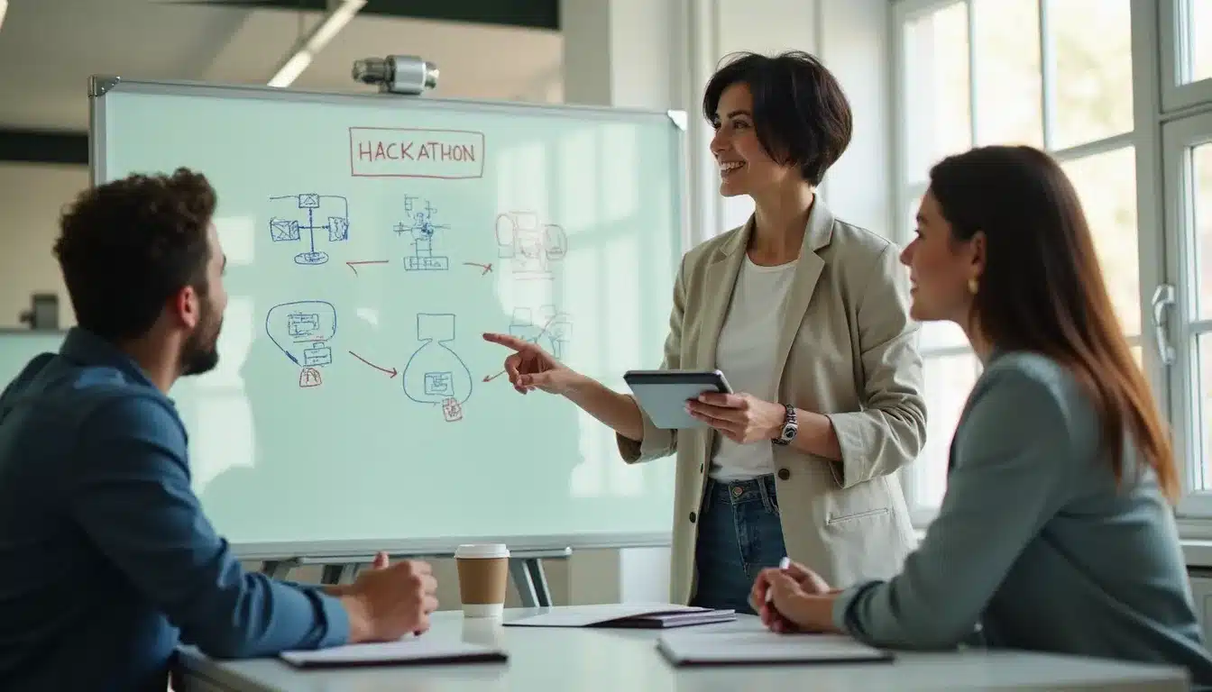 Participante présentant une architecture technique sur tableau blanc à ses coéquipiers pendant une session de travail collaborative en hackathon