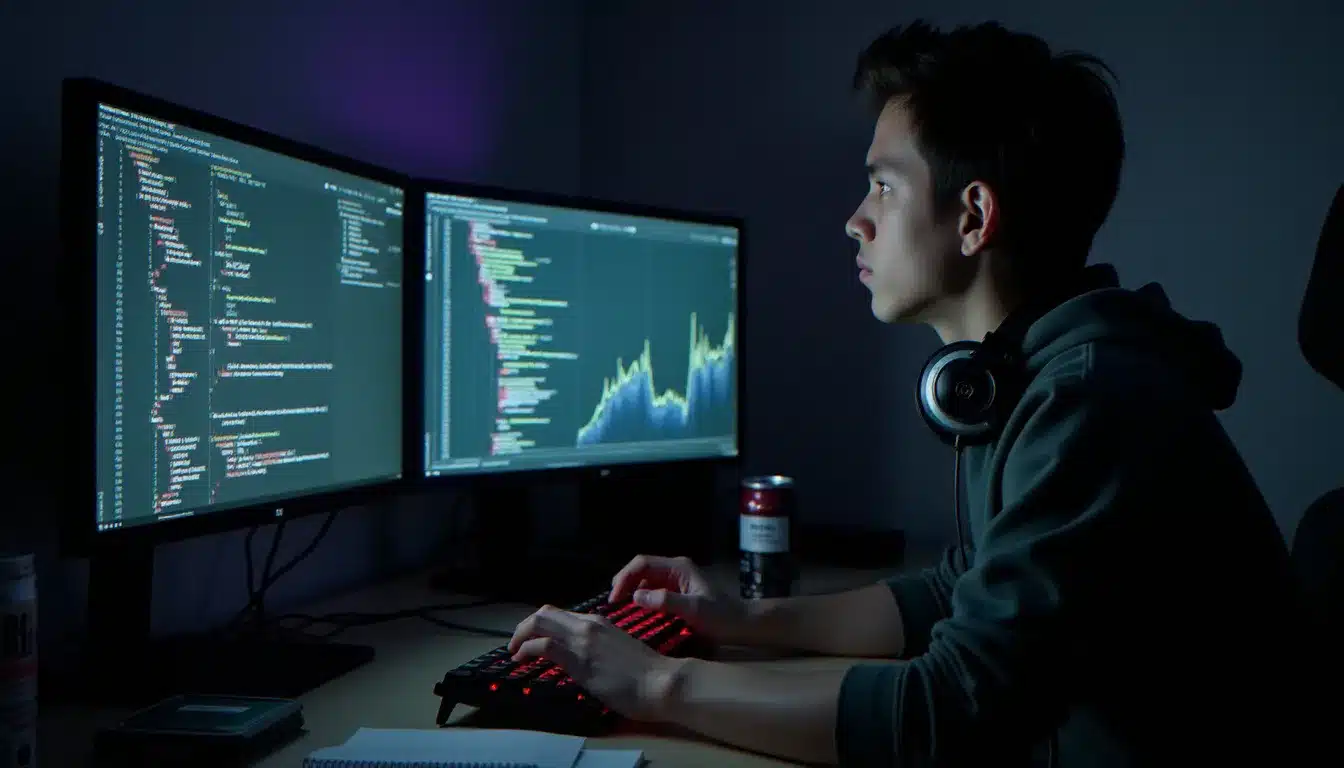 Développeur concentré codant une solution d'intelligence artificielle en fin de nuit lors d'un sprint tech task force, entouré de ses outils de travail