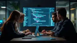 Équipe pluridisciplinaire travaillant en sprint intensif lors d'une tech task force, entourée d'écrans et de post-its dans un espace de coworking moderne