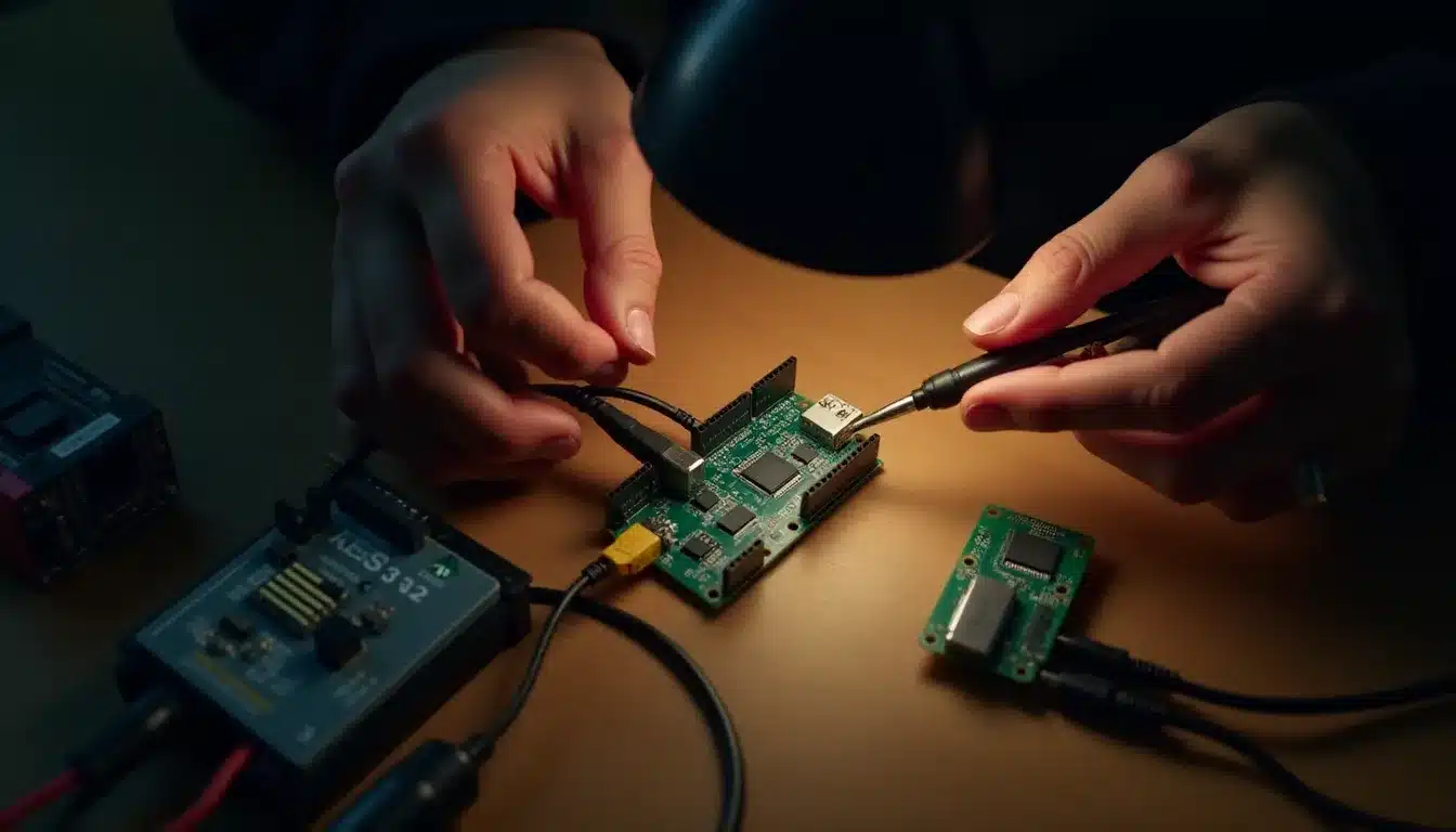 Chercheur en sécurité examinant un câble USB avec un multimètre dans un atelier électronique, des microcontrôleurs ESP32 et cartes PCB visibles sur le plan de travail