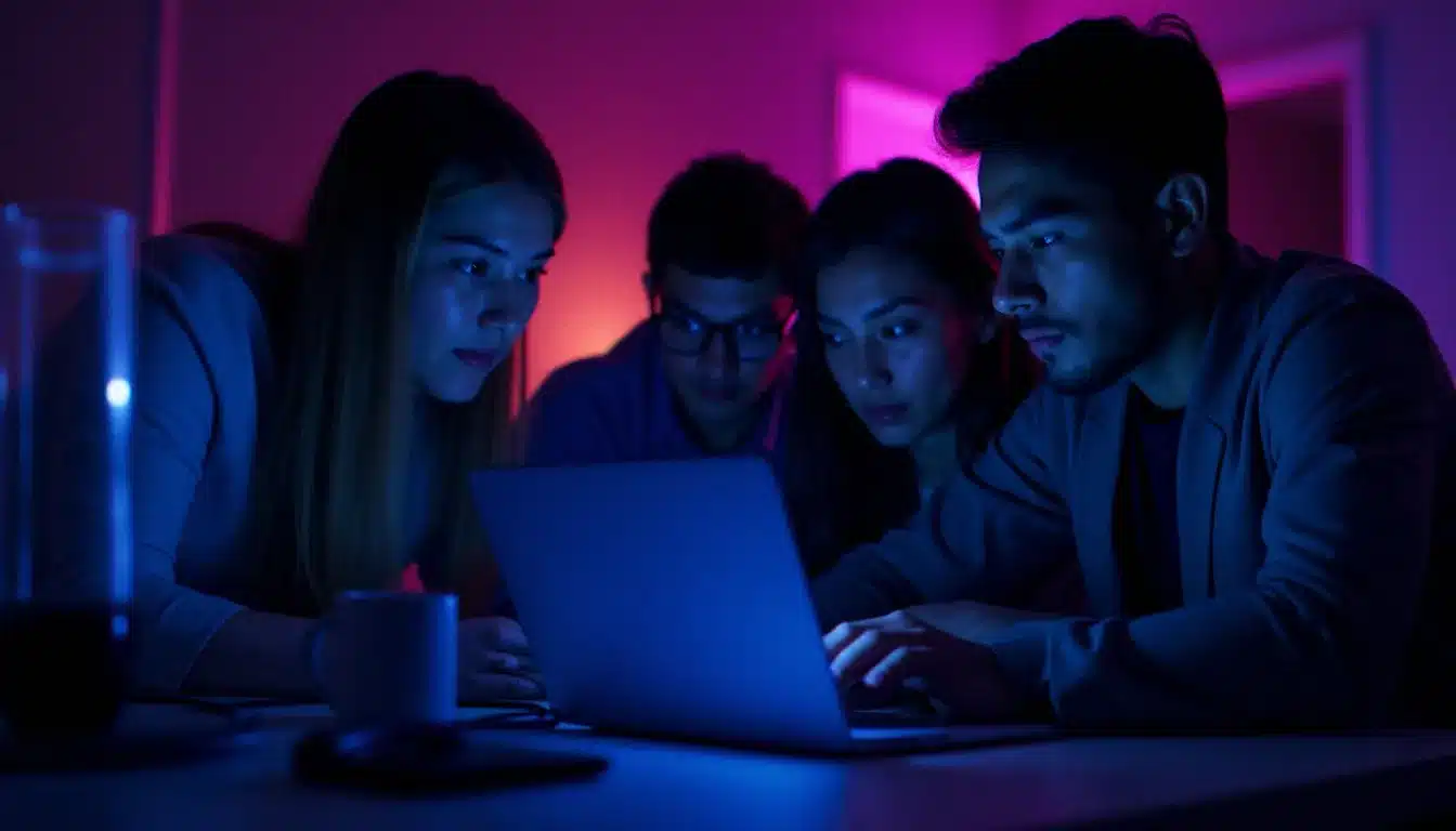 Équipe de trois participants concentrés lors d'un hackathon de cybersécurité nocturne, testant un cable O.MG sur un ordinateur portable sous éclairage néon violet et bleu