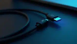 Cable O.MG USB-C posé sur un bureau sombre, avec une LED bleue discrète visible dans le connecteur, illustrant la nature d'implant Wi-Fi dissimulé de cet outil de sécurité offensive
