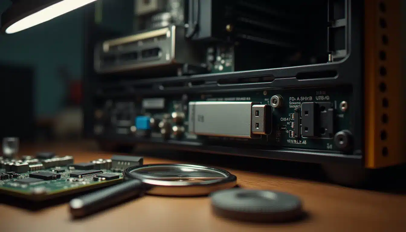 Clé USB bootable connectée à un PC pour démarrer la procédure d'installation de macOS sur PC, posée sur un établi d'assemblage informatique