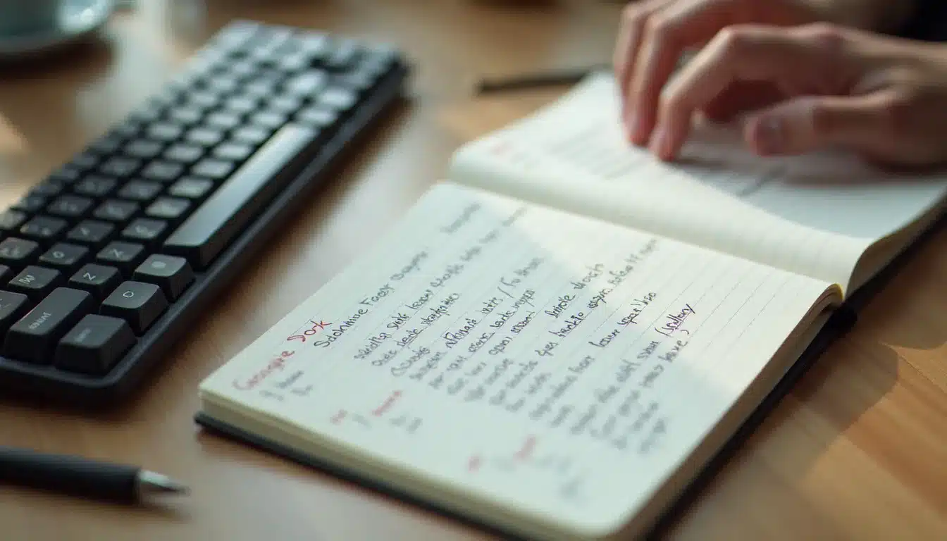 Vue en plongée d'un clavier et d'un carnet de notes avec des opérateurs de dork Google manuscrits sur un bureau épuré