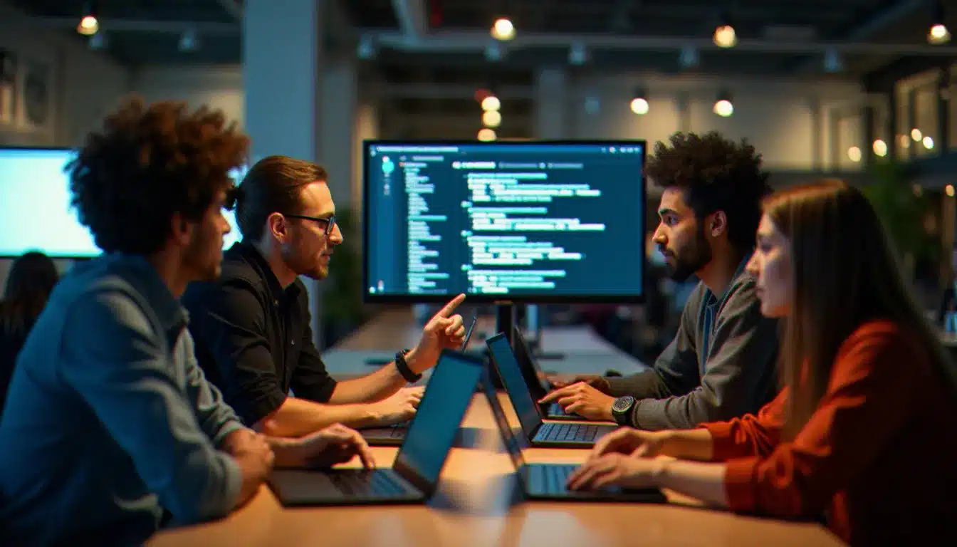 Une équipe de quatre participants à un hackathon analyse des résultats de recherche OSINT sur leurs écrans dans un espace moderne et lumineux