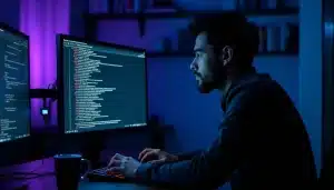 Une professionnelle de la cybersécurité saisit une requête inurl:dork dans un terminal sur double écran dans un espace de coworking parisien