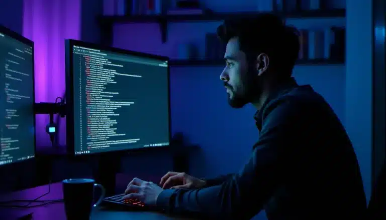 Une professionnelle de la cybersécurité saisit une requête inurl:dork dans un terminal sur double écran dans un espace de coworking parisien