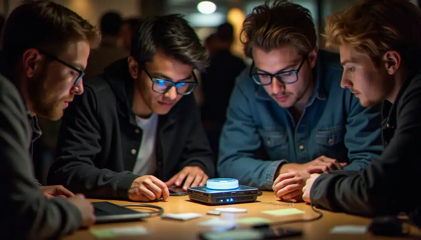 Équipe de participants à un hackathon travaillant ensemble autour d'un Flipper Zero et de laptops sur un projet iphone flipper