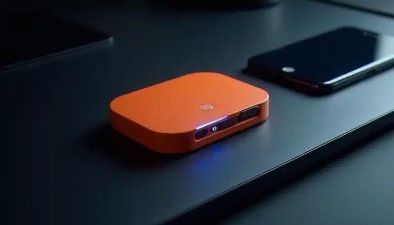 Un Flipper Zero orange posé à côté d'un iPhone sur un bureau sombre, illustrant les interactions iphone flipper dans un contexte de recherche en sécurité