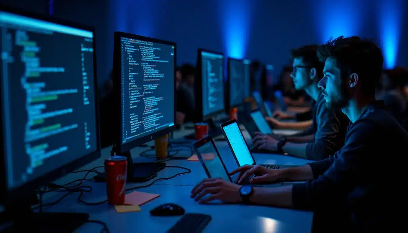 Équipe de développeurs concentrée sur Xcode lors d'un hackathon, travaillant sur des machines Hackintosh faisant tourner mac os sur pc dans une ambiance nocturne intense