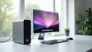 Configuration PC de bureau affichant mac os sur pc avec l'interface macOS Sonoma et le Dock Apple visible à l'écran dans un espace de travail moderne
