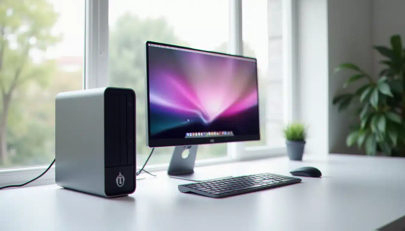 Configuration PC de bureau affichant mac os sur pc avec l'interface macOS Sonoma et le Dock Apple visible à l'écran dans un espace de travail moderne