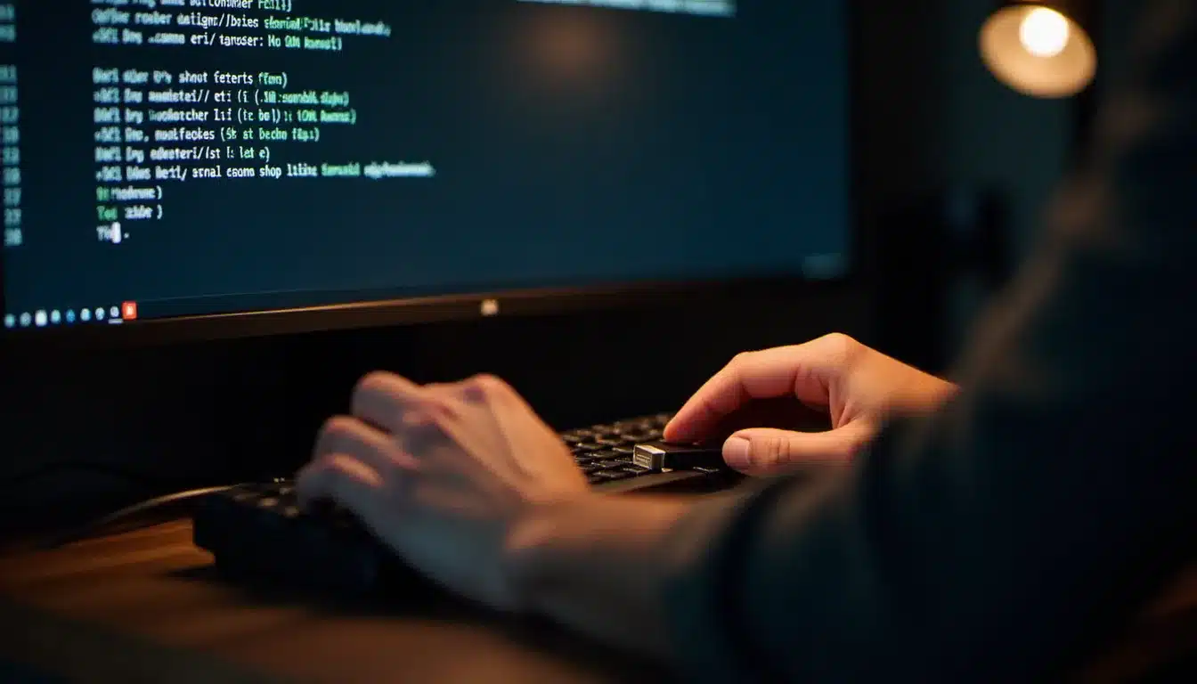 Mains d'un développeur tapant des commandes dans un terminal pour configurer OpenCore et installer mac OS sur un PC via une clé USB bootable