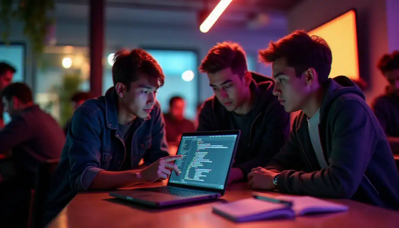 Équipe de développeurs collaborant autour d'un Hackintosh lors d'un hackathon, présentant un prototype d'application iOS développé sous mac OS sur un PC