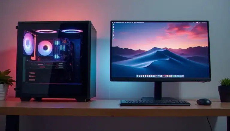 Un PC custom assemblé affichant mac OS sur un PC avec l'interface macOS Sequoia visible sur un écran 4K dans un environnement de bureau épuré