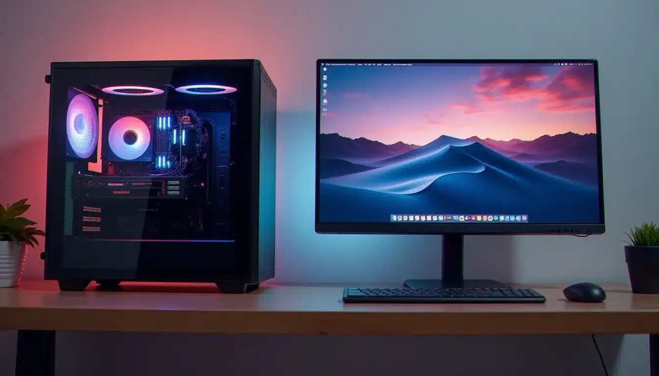 Un PC custom assemblé affichant mac OS sur un PC avec l'interface macOS Sequoia visible sur un écran 4K dans un environnement de bureau épuré