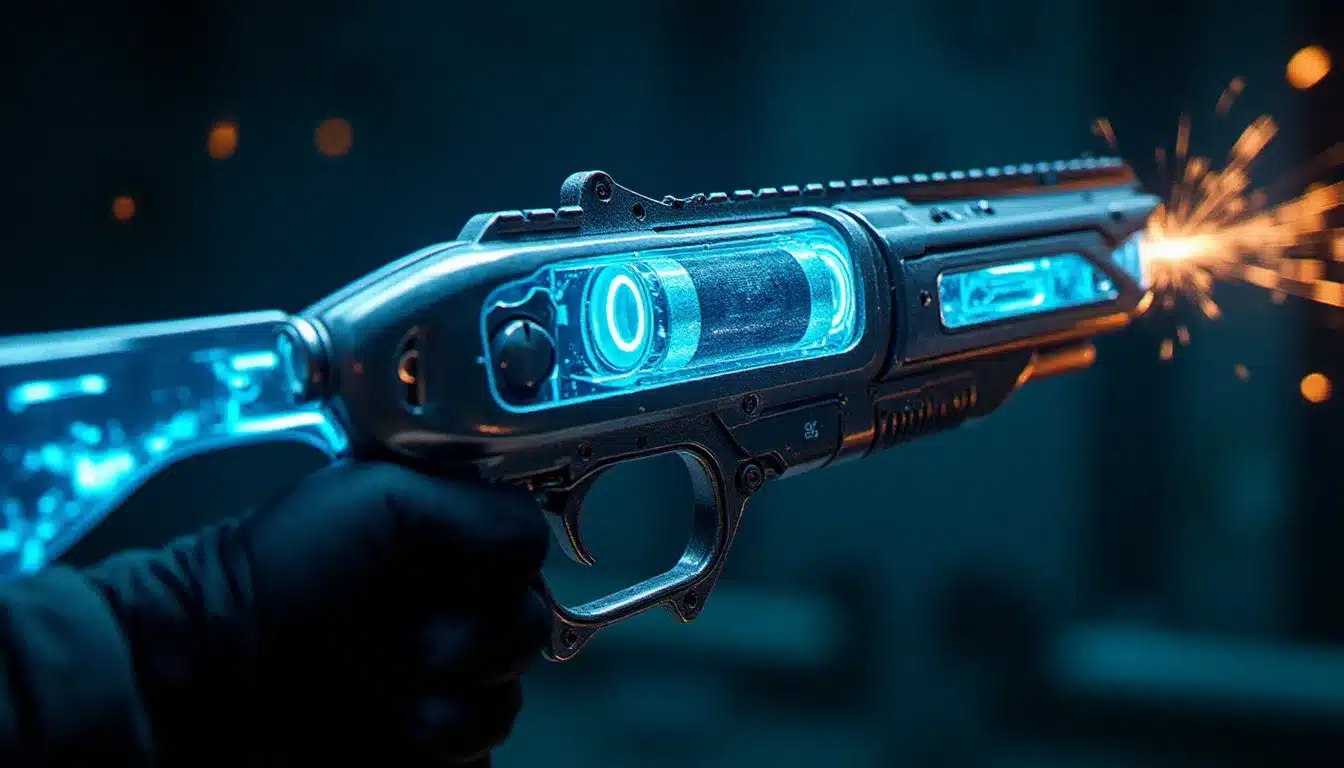 Fusil tech cyberpunk en cours de charge avec des arcs électromagnétiques lumineux, représentant la puissance des armes tech dans Cyberpunk 2077