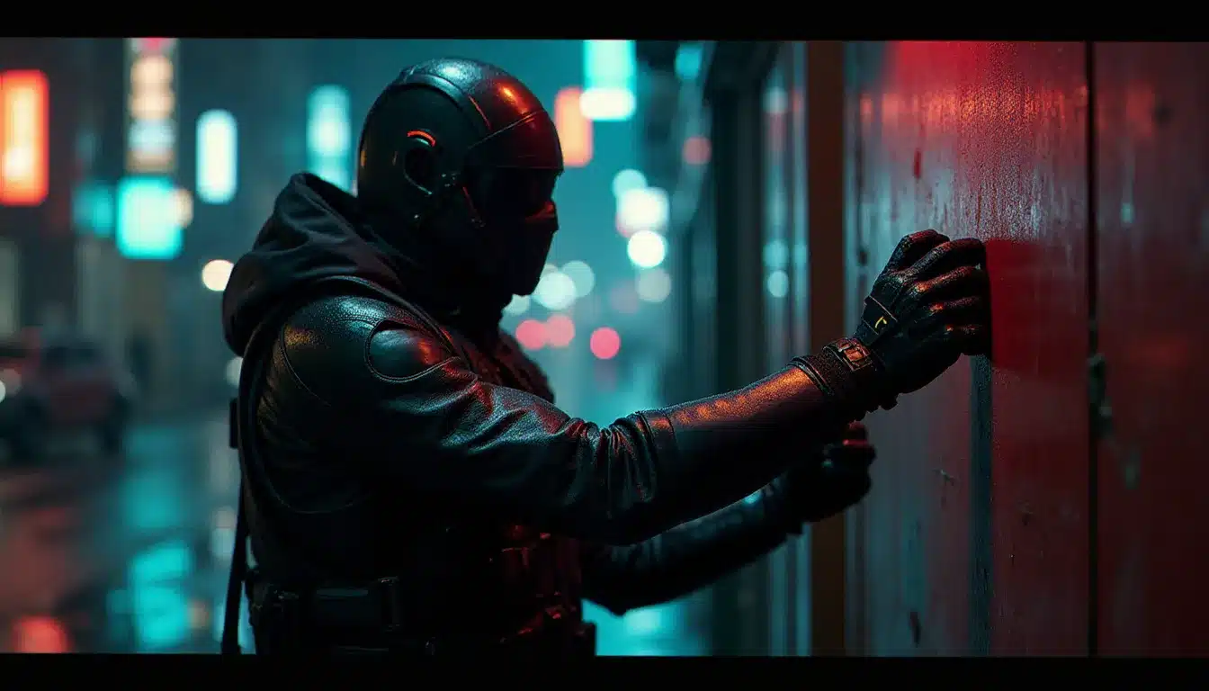 Mercenaire cyberpunk inspectant ses emplacements de cyberware sous la pluie dans une ruelle néon, illustrant l'optimisation des implants pour le meilleur tech Cyberpunk 2077