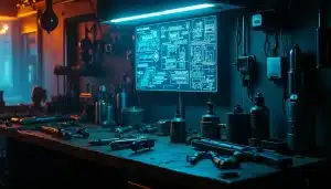 Atelier technique cyberpunk avec des armes tech démontées et des implants cybernétiques sur un établi, illustrant le meilleur tech Cyberpunk 2077