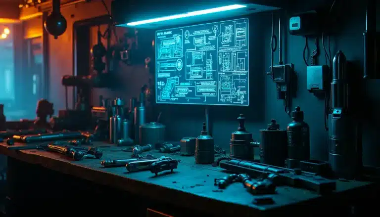 Atelier technique cyberpunk avec des armes tech démontées et des implants cybernétiques sur un établi, illustrant le meilleur tech Cyberpunk 2077