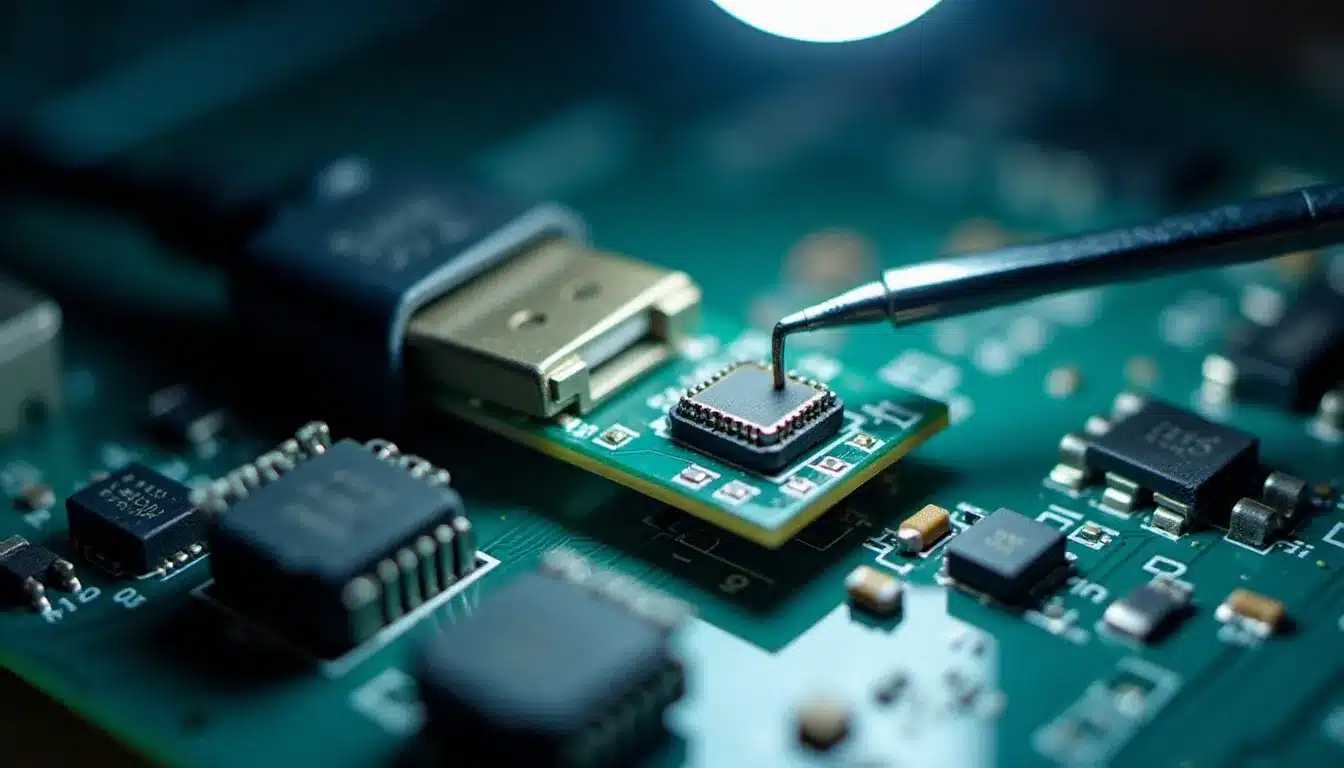 Vue macro des composants électroniques miniaturisés à l'intérieur d'un connecteur USB, illustrant la complexité de l'implant Wi-Fi dissimulé dans un omg cable