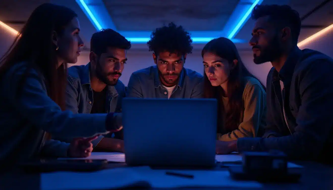 Équipe de participants à un hackathon de cybersécurité analysant les traces réseau d'un câble USB malveillant lors d'un challenge de forensics en environnement contrôlé