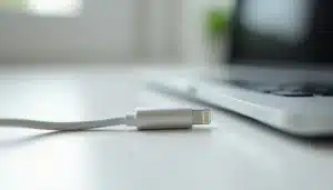 Câble USB Lightning d'apparence ordinaire posé sur un bureau blanc — représentation visuelle d'un omg cable impossible à distinguer à l'œil nu d'un câble standard