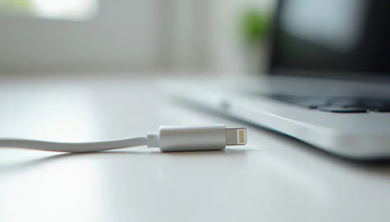 Câble USB Lightning d'apparence ordinaire posé sur un bureau blanc — représentation visuelle d'un omg cable impossible à distinguer à l'œil nu d'un câble standard