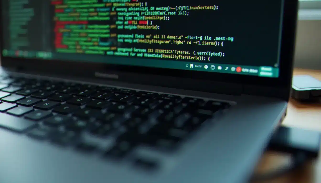 Gros plan sur un écran affichant un fichier config.plist structuré pour un opencore patch, avec une clé USB de démarrage branchée sur le côté