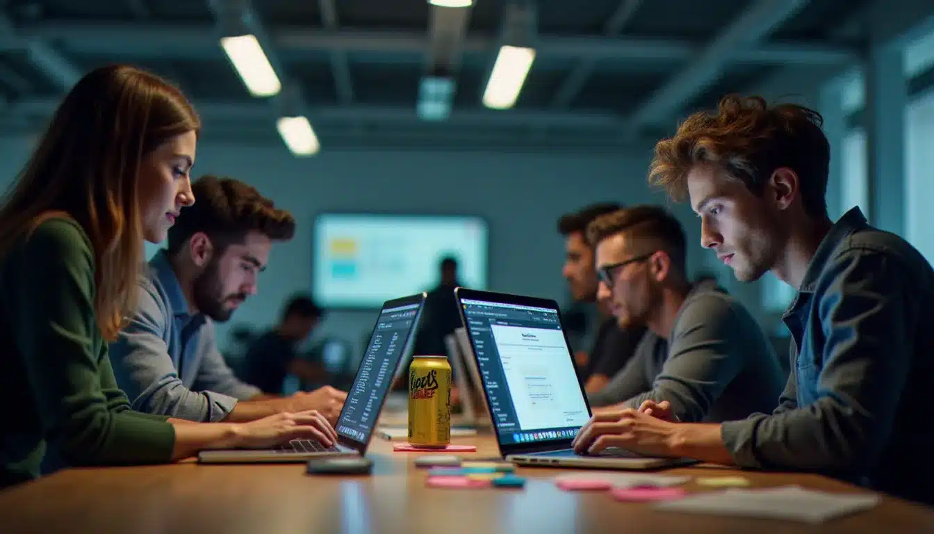 Équipe de développeurs en hackathon travaillant sur des laptops configurés avec OpenCore, dans un grand espace de travail collaboratif