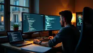 Développeur configurant un opencore patch sur un setup multi-écrans dans un appartement parisien, entouré de documentation technique et de matériel informatique
