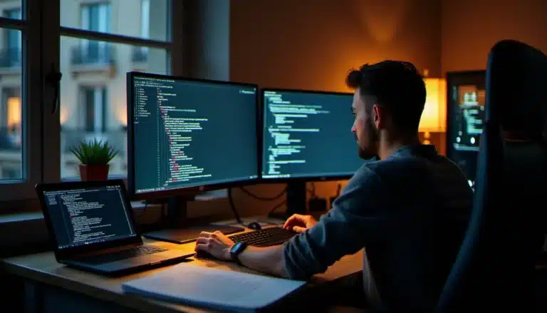 Développeur configurant un opencore patch sur un setup multi-écrans dans un appartement parisien, entouré de documentation technique et de matériel informatique