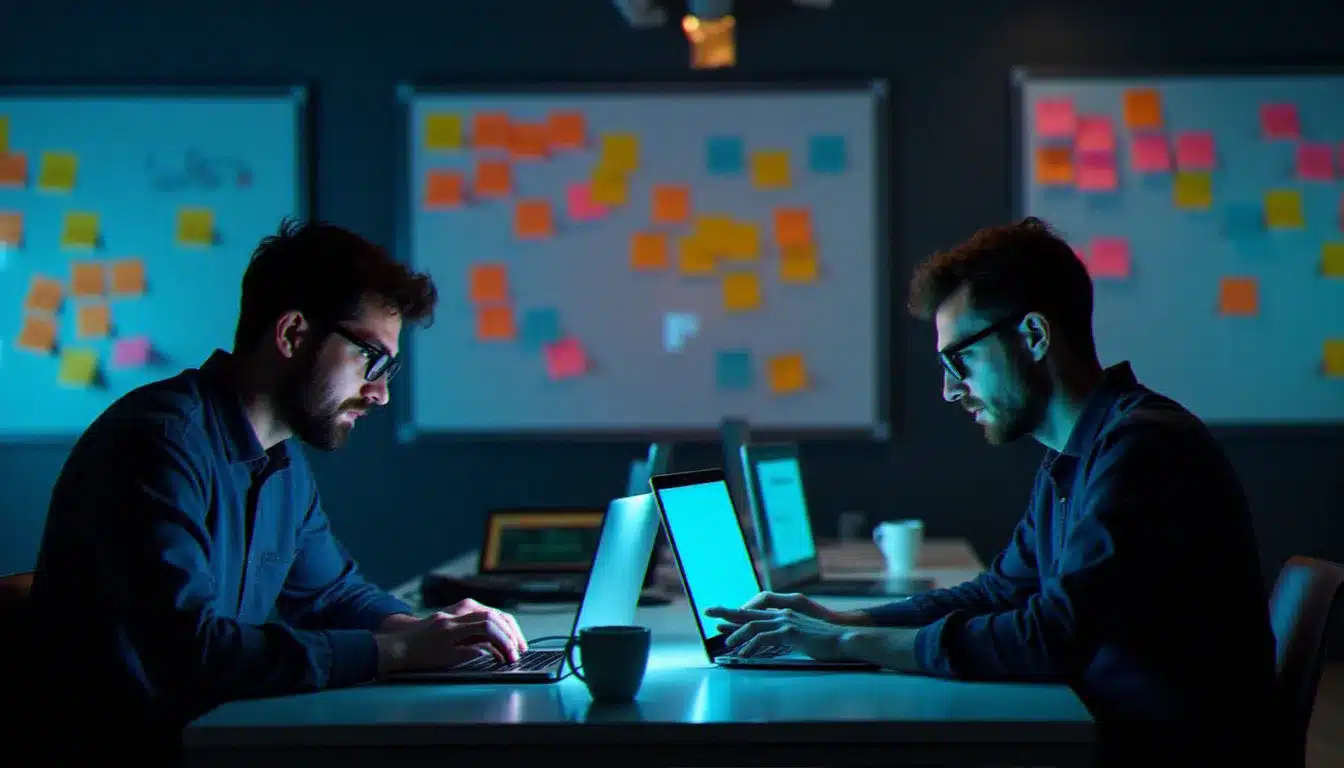 Équipe de trois participants concentrée lors d'un hackathon nocturne, entourée de post-its et d'écrans allumés, travaillant sur un prototype candidat à un prix tech 2025