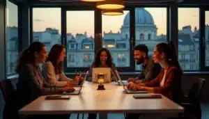 Équipe pluridisciplinaire célébrant un prix tech 2025 autour d'un trophée dans un espace de coworking moderne parisien