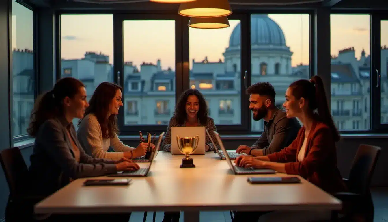 Équipe pluridisciplinaire célébrant un prix tech 2025 autour d'un trophée dans un espace de coworking moderne parisien