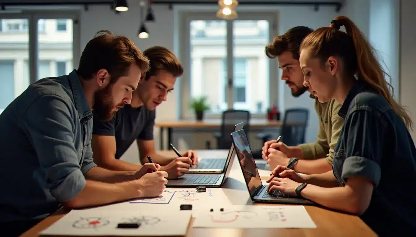 Équipe multidisciplinaire concentrée sur un prototype lors d'un hackathon prix tech gym à Paris