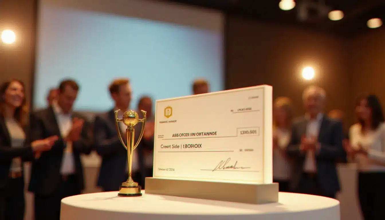 Trophée et chèque symbolique représentant les dotations du prix tech max 2025 remis lors d'une grande compétition technologique