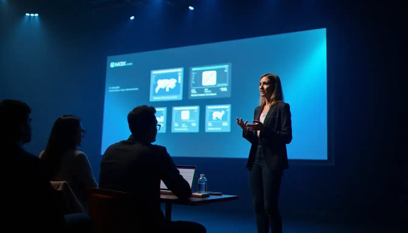 Candidate présentant son projet devant un jury attentif lors d'un hackathon parisien, visant le prix tech max 2025 avec un prototype fonctionnel