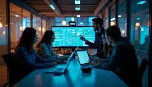Équipe de hackathon travaillant intensément le soir sur leur projet tech pour remporter le prix tech max 2025 lors d'une compétition parisienne