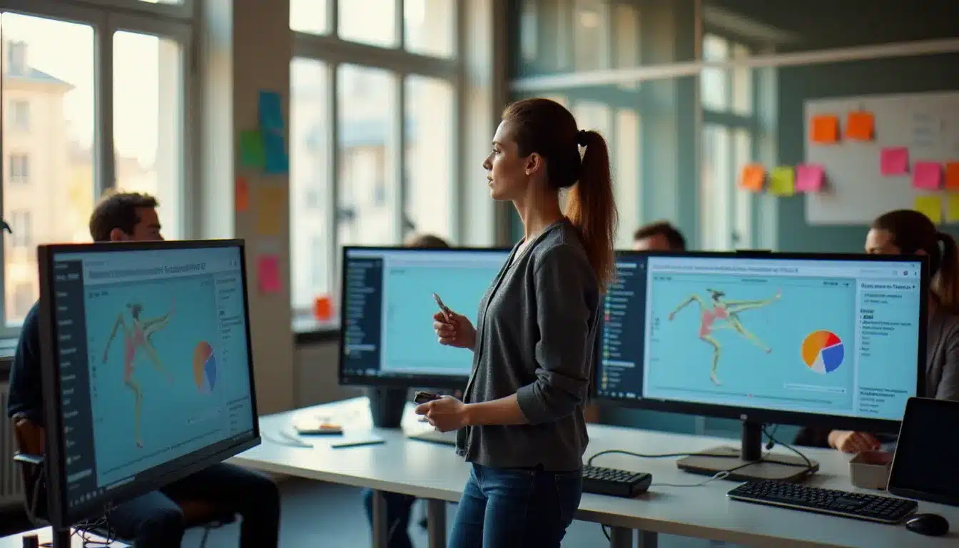 Data scientist présentant une analyse biomécanique et des données de performance athlétique dans un open-space collaboratif parisien
