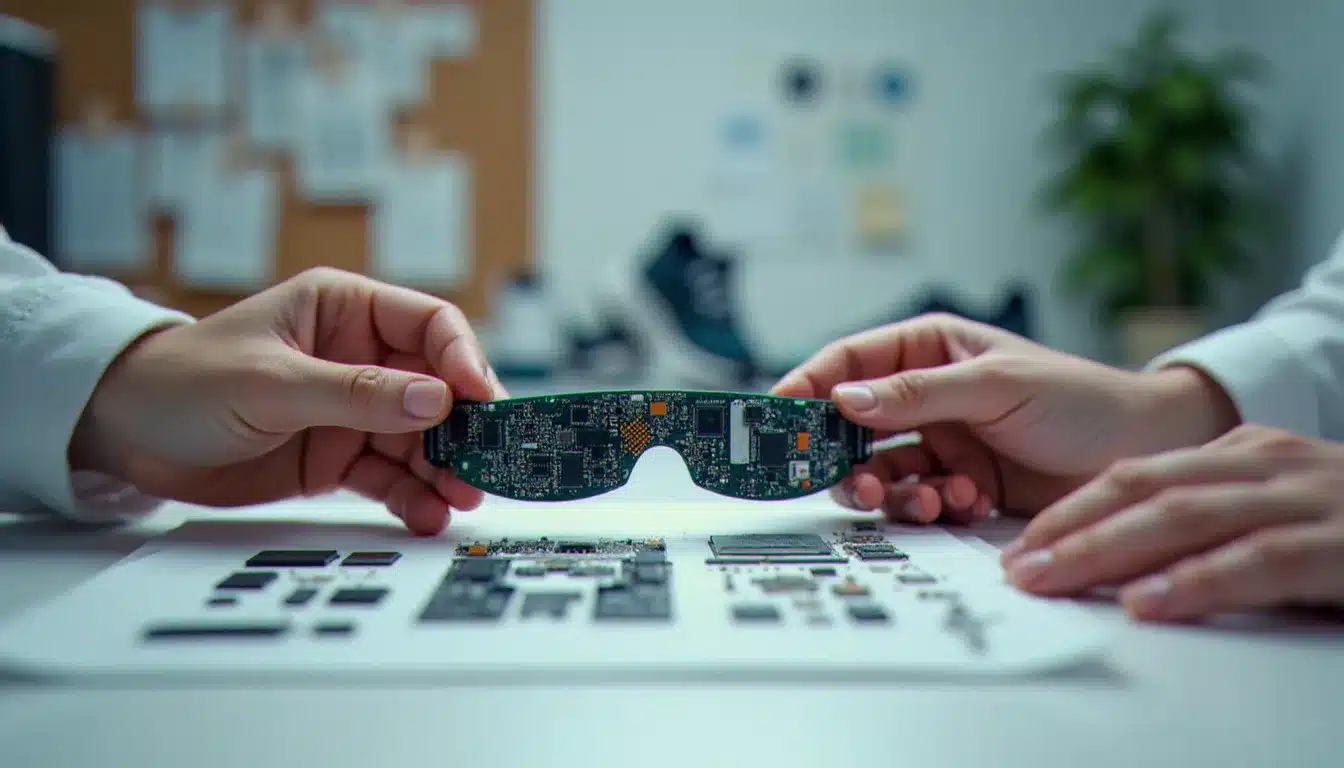 Prototype de capteur wearable sportif connecté en cours d'assemblage, montrant les composants électroniques et capteurs développés pour le prix tech Nike 2025