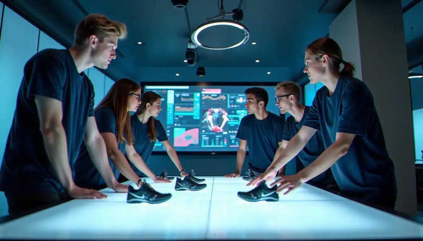 Équipe tech pluridisciplinaire analysant des données de performance sportive dans un laboratoire d'innovation lors du prix tech Nike 2025