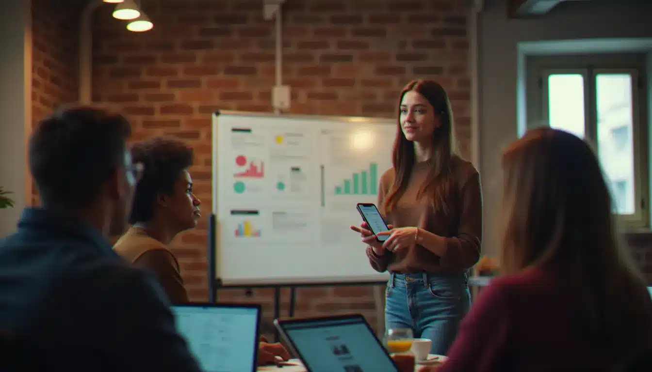 Product manager présentant un prototype d'application sportive connectée à son équipe, dans le cadre de la préparation au prix tech Nike