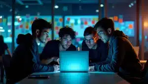 Équipe de développeurs concentrés lors d'un hackathon tech nocturne, travaillant sur un prototype pour décrocher le prix tech Nike